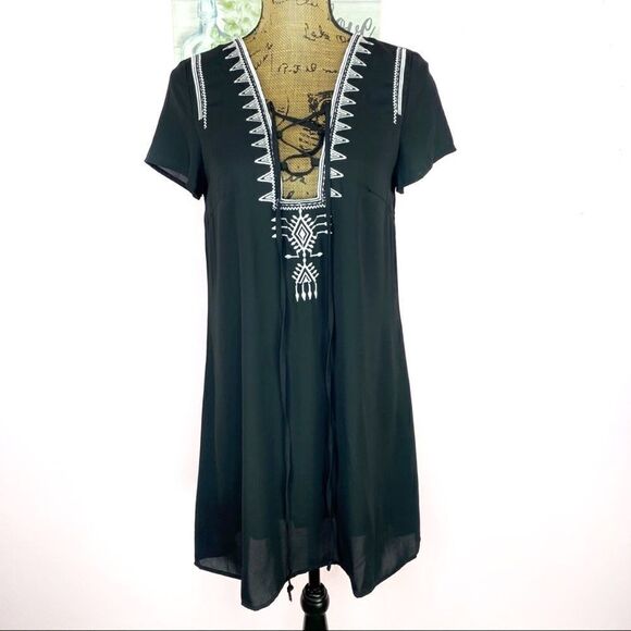 Shein Tassel Lace Up Shift Dress Embroidered Short Sleeve Boho Black Size XS - Picture 1 of 13